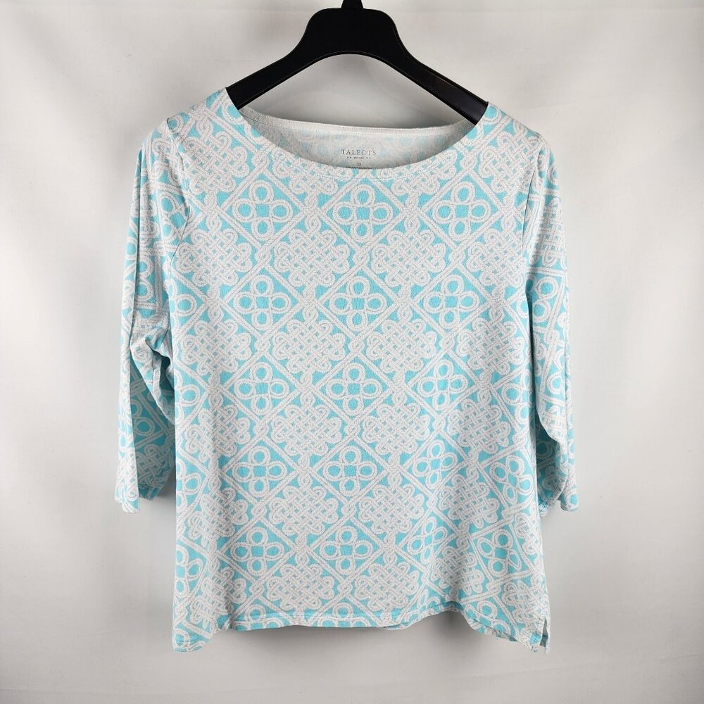 Talbots Shirt Womens Plus 3X Geometric Blue White Tunic Blouse